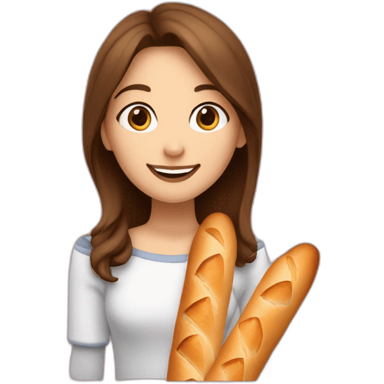 one girl with brown hair smiling and holding 4 big baguettes so we can see her face partly but baguettes are lover then her nose emoji