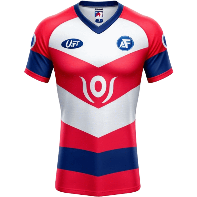 Cinematic Realistic image of an AFL jersey rendered in vibrant team colors with detailed fabric textures and dynamic creases, illuminated by bold, stadium lighting that accentuates its sporty character emoji