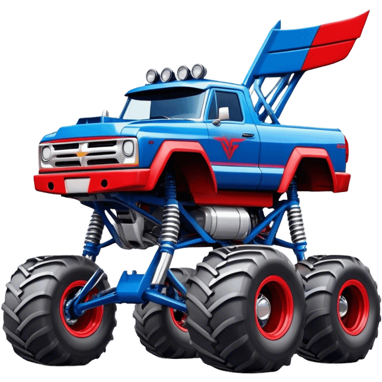 Avenger - Monster Jam (Model Year: 2021) (Iconic colour: Blue and red) - A dynamic monster truck with a split-color scheme: predominantly blue accented by bold red elements. Focus on strong, angular lines and vivid contrasting colors that evoke high energy and a futuristic, rebellious style. emoji