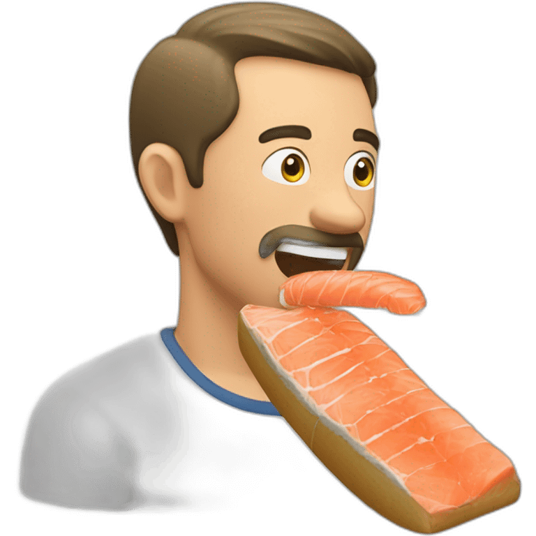 a man eating bread with a piece of raw salmon on it and dill on top emoji