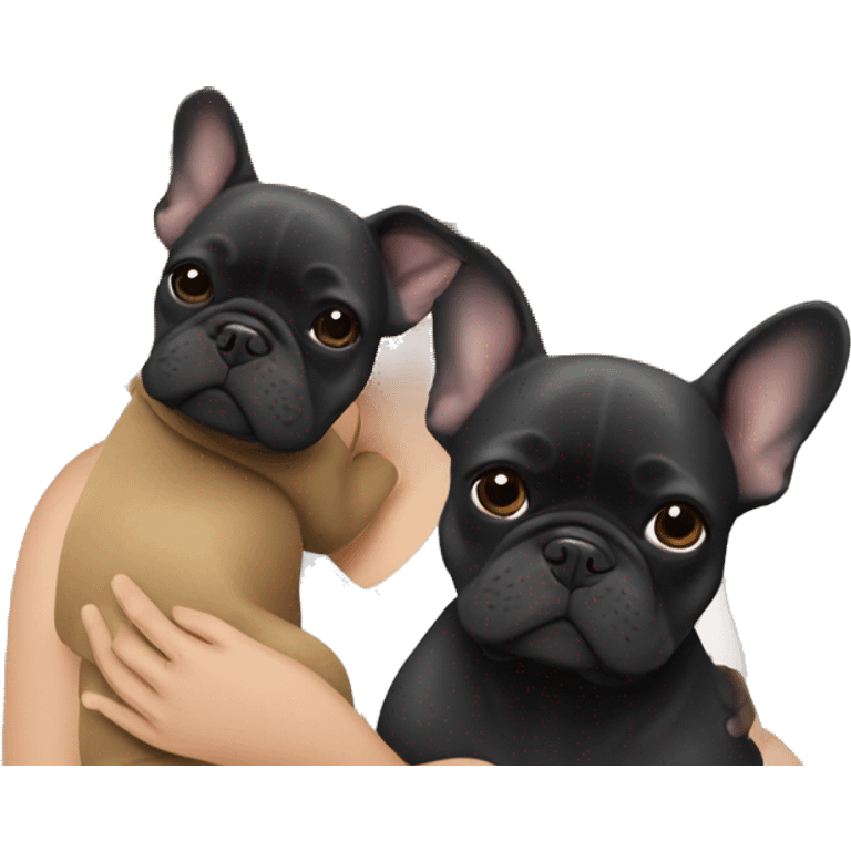 Honey blonde woman hugging a black French bulldog and a dark gray french bulldog emoji