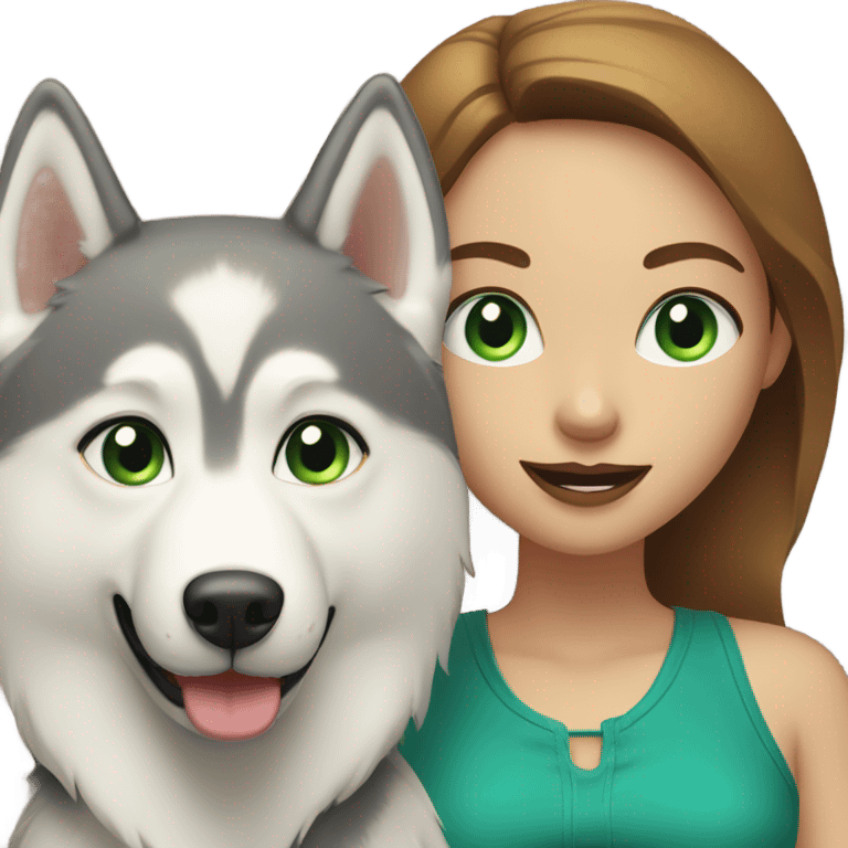 White Woman hair brown and bleus eyes and golden Husky With green eyes emoji