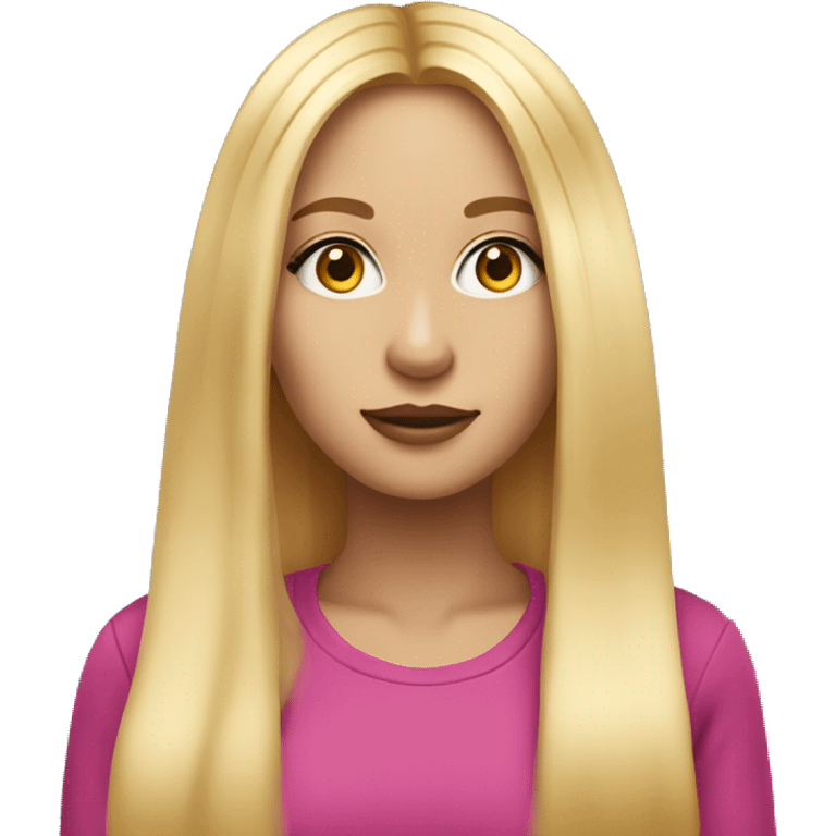 She has long, straight blonde hair, large expressive eyes, and medium height. Her makeup is often colorful, and she tends to wear bright, fun outfits that match her vibrant personality. emoji