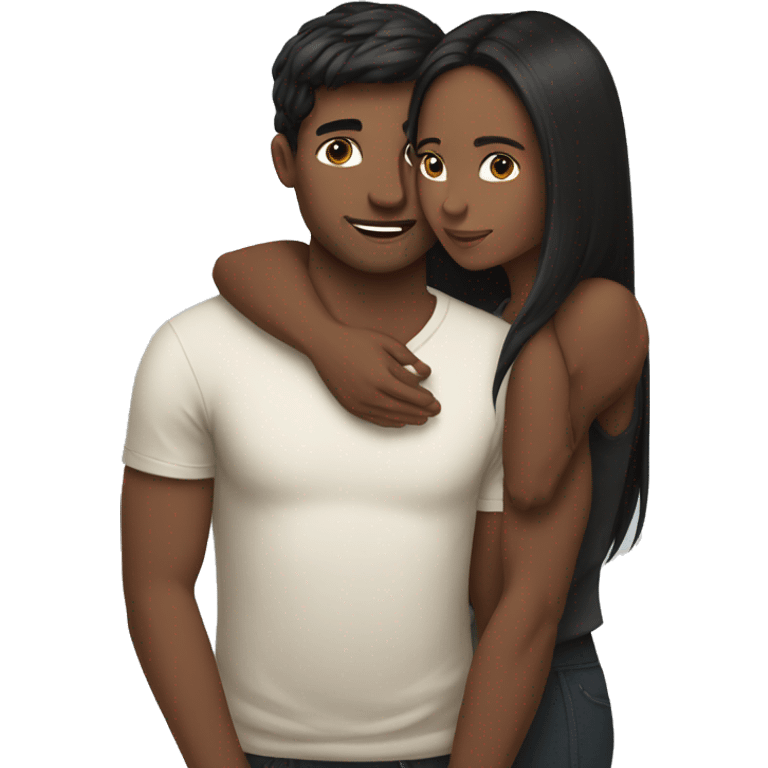 medium skin, Black long hair girl hugging with a white skin man with brown hair on top emoji