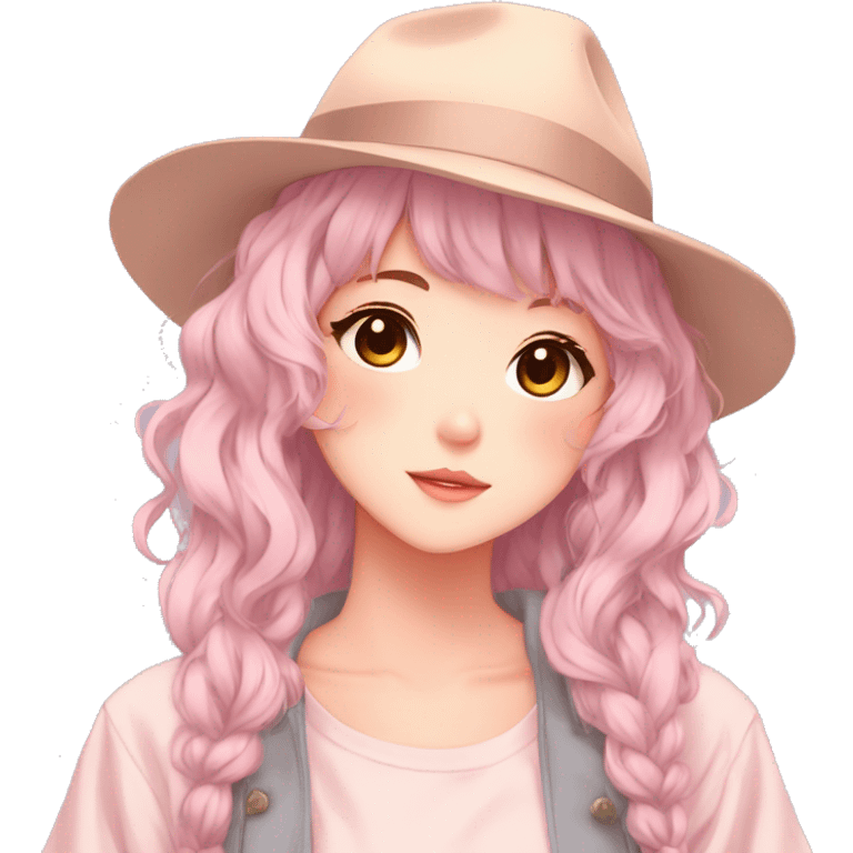 Gorgeous pastel anime girl with blushing face and hair garnitures and pretty hair and a fedora aesthetic trending style emoji