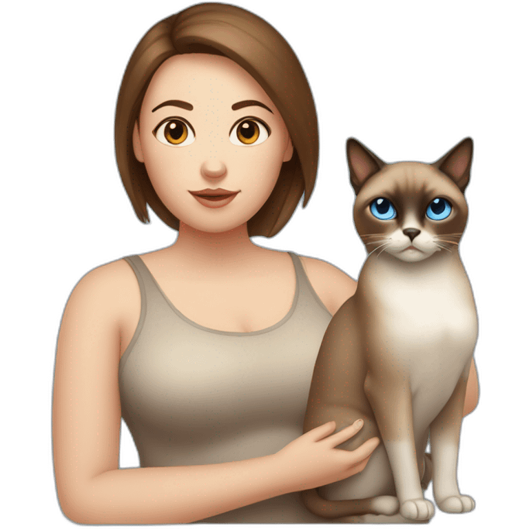 Blue-eyed fat girl with brown hair with siamese cat and miniature pincher emoji