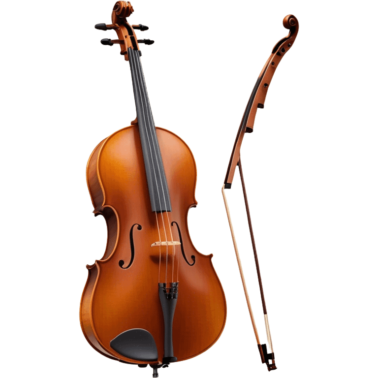 Create an elegant and refined emoji representing a Cremona 4/3F 4/4 cello with bow. The design should feature the distinctive, finely crafted body of the cello, highlighting its rich wooden finish and gracefully curved shape. The bow should be included, with visible horsehair and a polished wooden stick. Add subtle details like tuning pegs and strings to emphasize the precision and craftsmanship of the instrument. Use warm wood tones, deep brown, and soft metallic accents to reflect the high quality of the Cremona cello. The background should be transparent. emoji