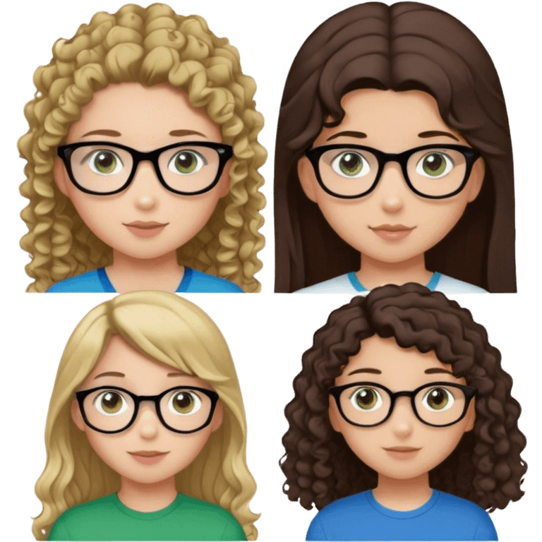 a girl with straight hair and brown eyes, a girl with straight darker brown hair and brown eyes , a girl with curly brown hair and brown eyes with glasses, a girl with straight blonde hair and green eyes, a  boy with brown hair and brown eyes, a girl with brown hair in a high ponytail and blue eyes, a girl with black hair and brown eyes emoji