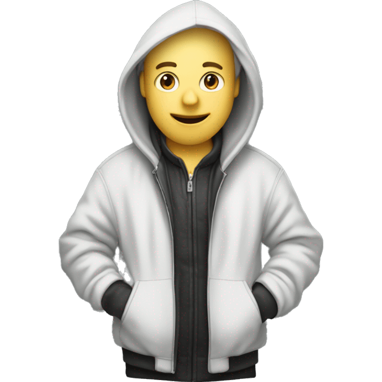 a white-skinned programmer sits in a jacket with a hood holding a MacBook in his hands emoji