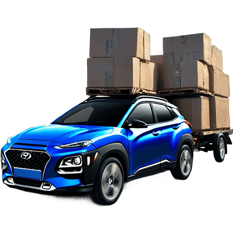 Dark blue hyundai kona hauling two hyundai konas emoji