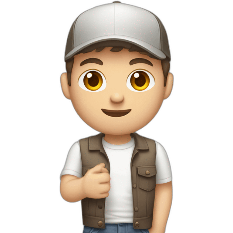 Pale skinned fit Man with dark brown hair in a light gray cap, dark brown jeans, brown polo and white T-shirt keeping a pasted with tape white box into his hands emoji