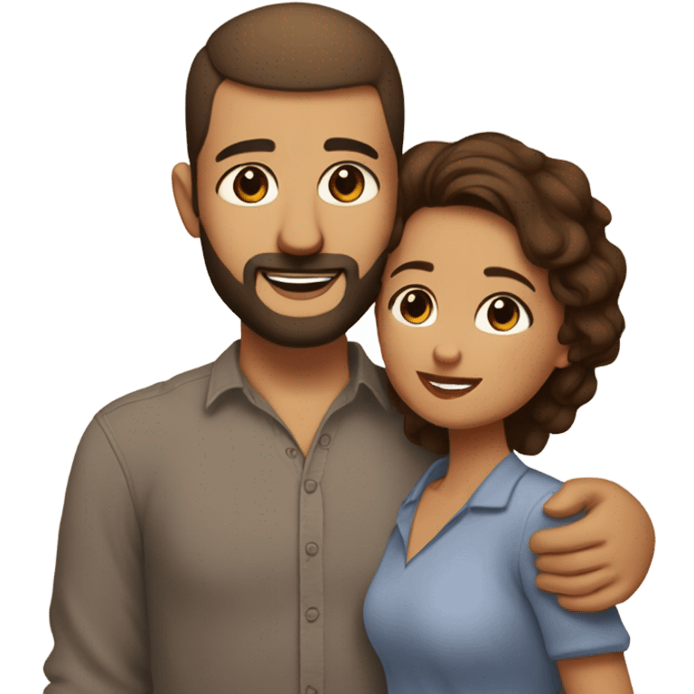 Brown-haired Puerto Rican woman with dark brown eyes wearing a cute blouse giving comforting hug to short, bald man with brown eyes, laugh lines, and a beard emoji