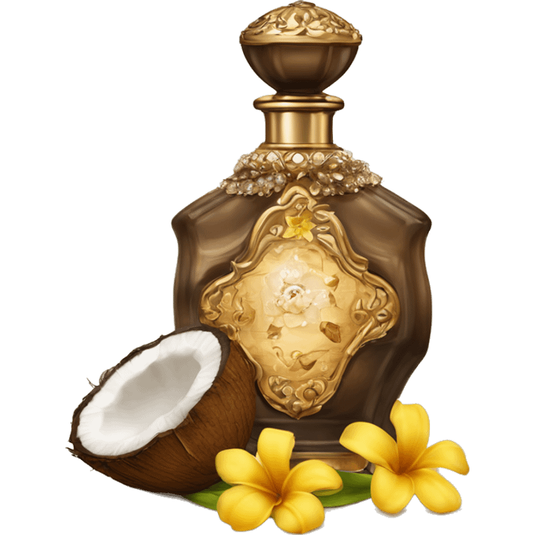 An antique perfume bottle with oil made of bronze and brown crystals, coconut, cream and coffee milk flow, yellow flowers of fragrant vanilla lie next to it emoji