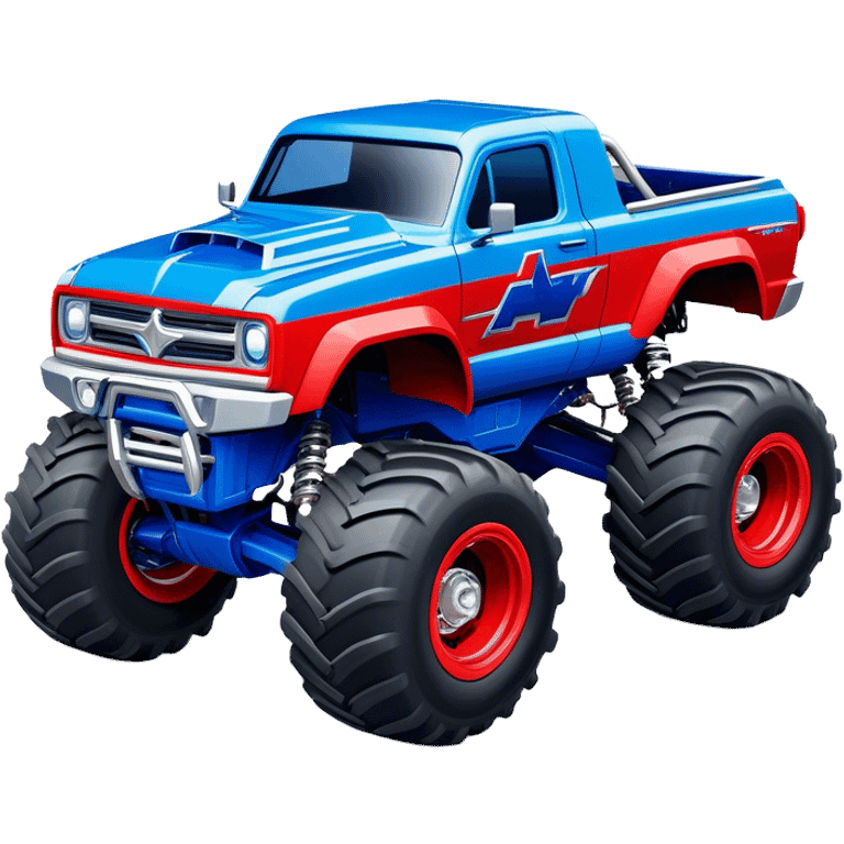 Avenger - Monster Jam (Model Year: 2021) (Iconic colour: Blue and red) - A dynamic monster truck with a split-color scheme: predominantly blue accented by bold red elements. Focus on strong, angular lines and vivid contrasting colors that evoke high energy and a futuristic, rebellious style. emoji