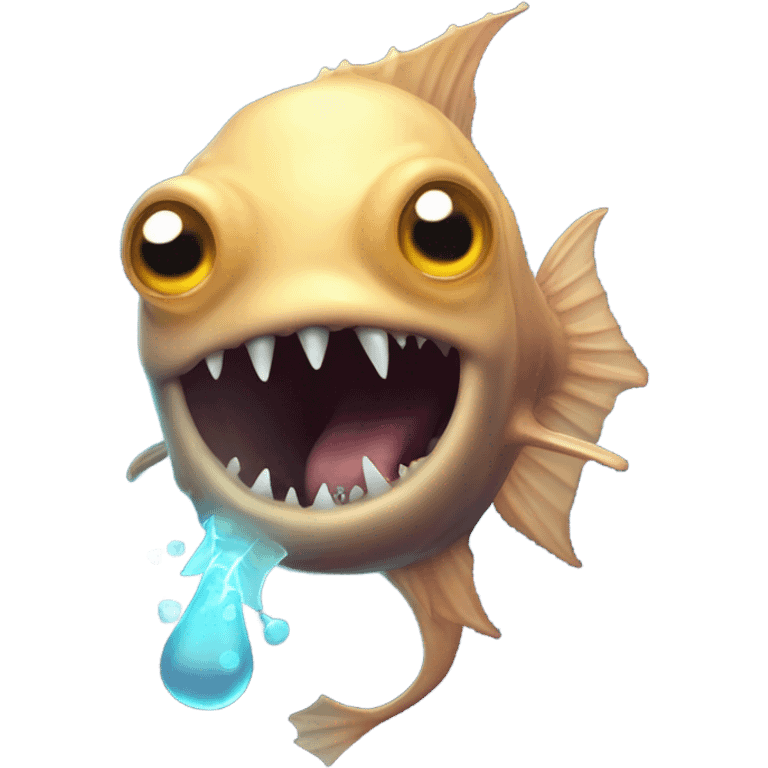 Anglerfish with a glowing lure hanging from its forehead, sharp teeth, and big eyes. emoji