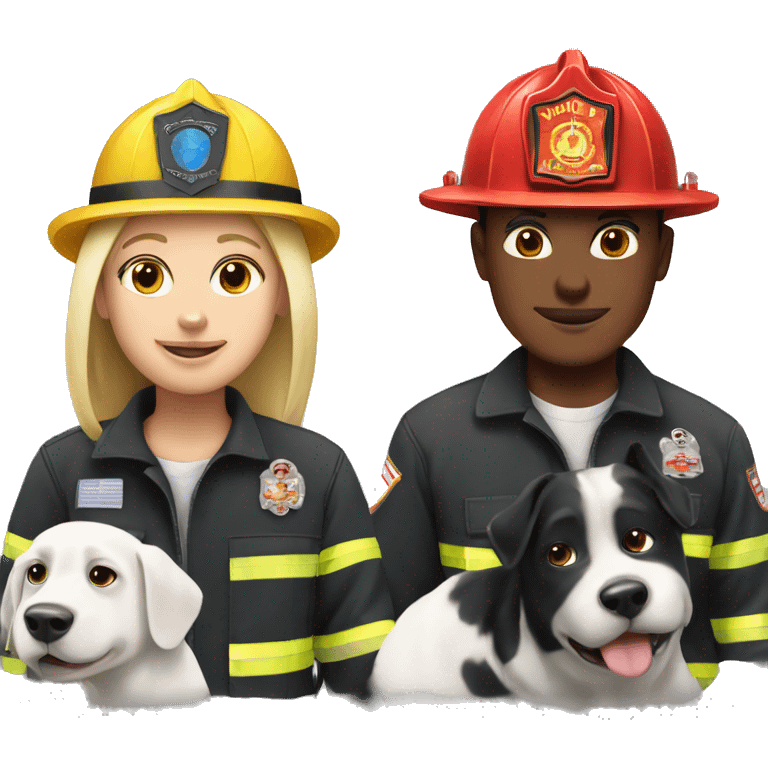 Firefighter with a white dog and a black and white dog  emoji