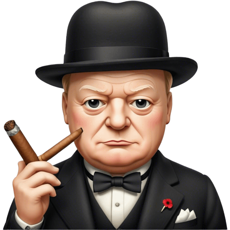 Cinematic Realistic Winston Churchill Portrait Emoji, depicted as a resolute British statesman with a signature bowler hat and a cigar, exuding determined leadership and wartime valor, rendered with lifelike textures and dramatic vintage lighting that captures his iconic British spirit. emoji