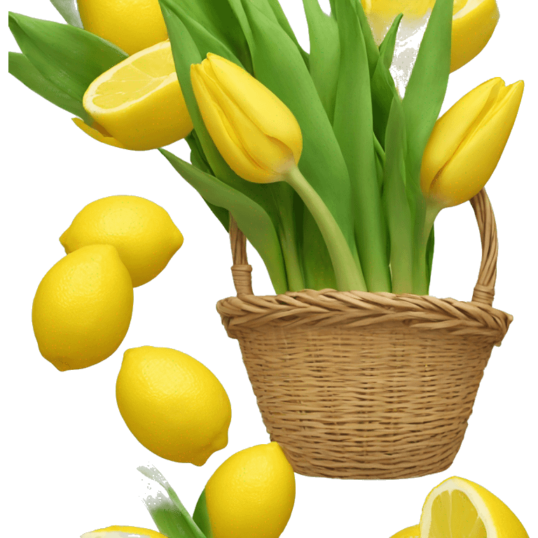 a basket with tulips and lemons emoji