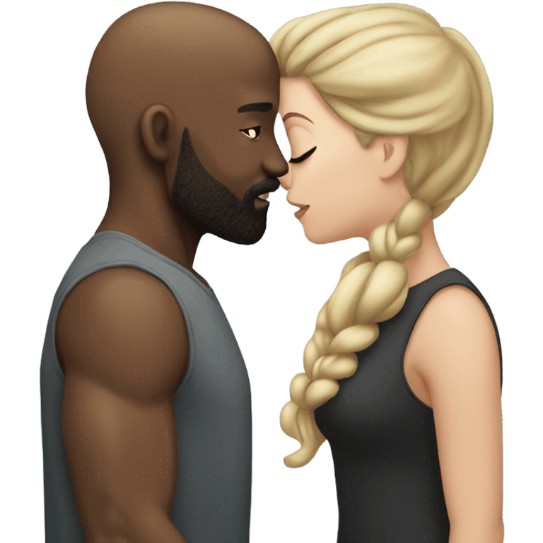 White girl brunette kissing muscular black bald man with beard emoji