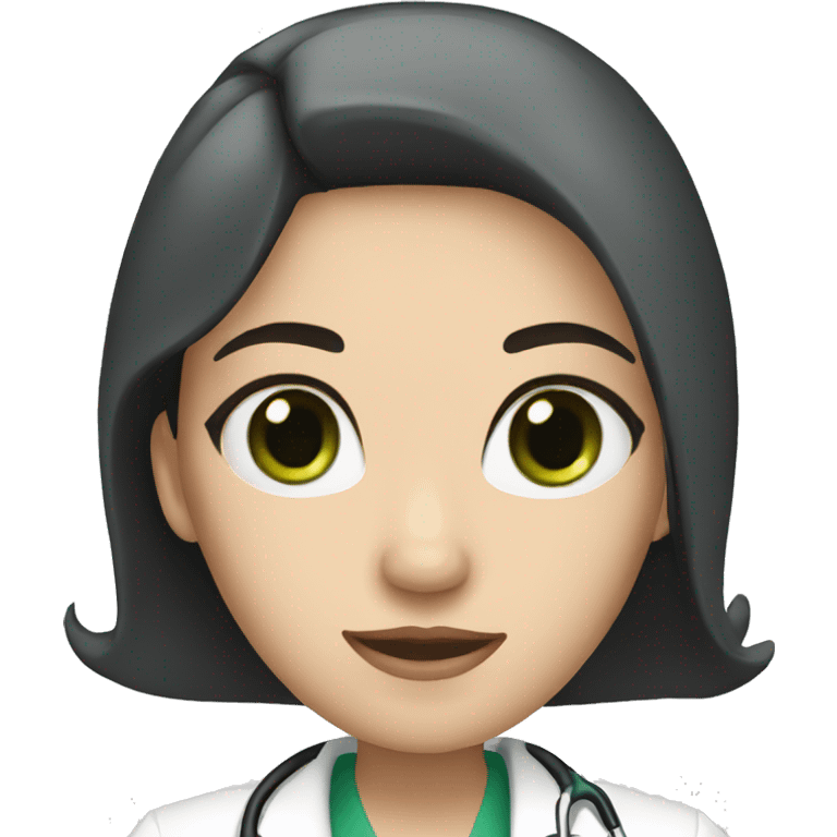 White Female doctor with green eyes, long black hair and a crown emoji