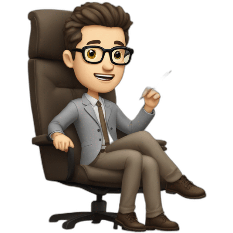 Pale skinned Fit Man With dark brown hair in gray jacket, beige office shirt, Brown pants and vintage glasses sitting In a soft chair with a notebook and a pen Fooling with his tongue emoji