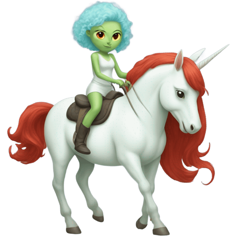 [politically incorrect
	{ woman: alien, color: light green, hair:red, eyes:cat} ]
	on a 
	[{ unicorn: white, legged:four, mane: light blue }] emoji