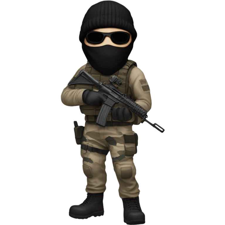 White male, call of duty black mask, camo tactical gear, tan combat boots, black beanie, blue eyes emoji