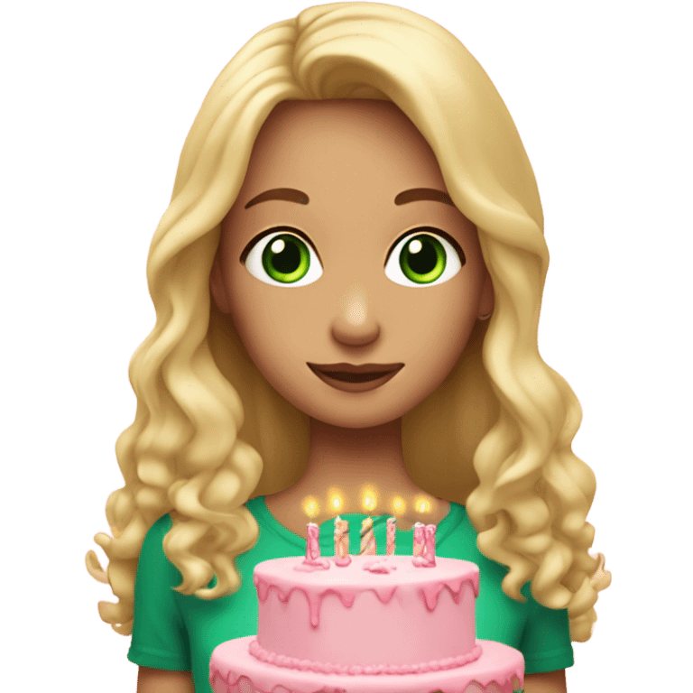 Blonde girl with long hair, green eyes in hands a pink Birthday cake emoji