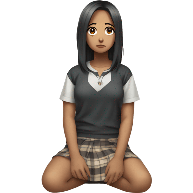 anime girl sad full body, Mini skirt, sits on the floor straight view emoji