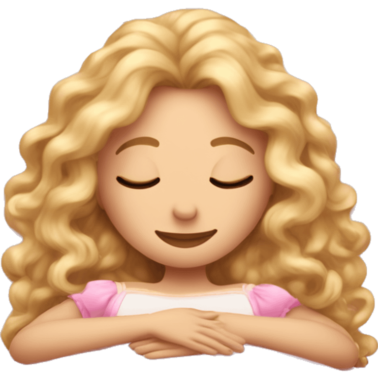 gorgeous white woman with long blonde curly hair sleeping on pink princess bed emoji