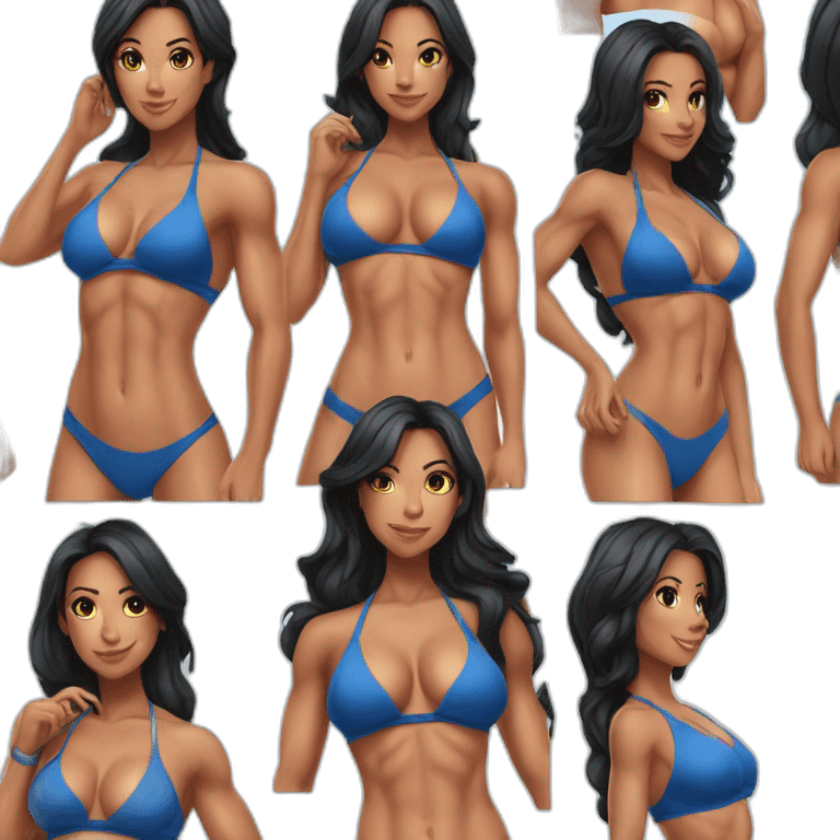 40 year old pretty woman with black hair in a blue bikini at a fitness competition  emoji