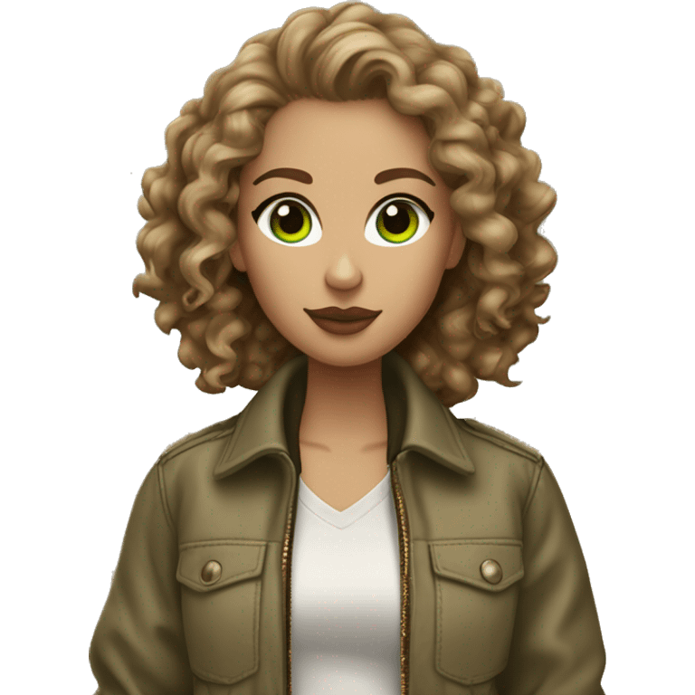 a girl with light brown curly hair, green eyes, plump beige lips. dressed in a khaki bomber jacket and brown leopard print jeans. emoji