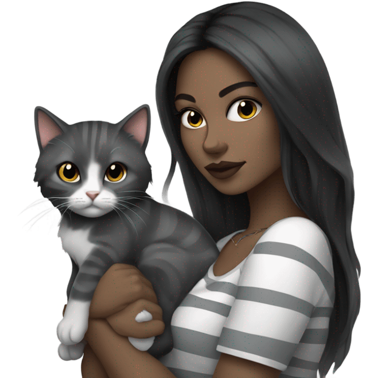 Beautiful dark haired tattooed woman holding gray and white stripe long haired cat emoji