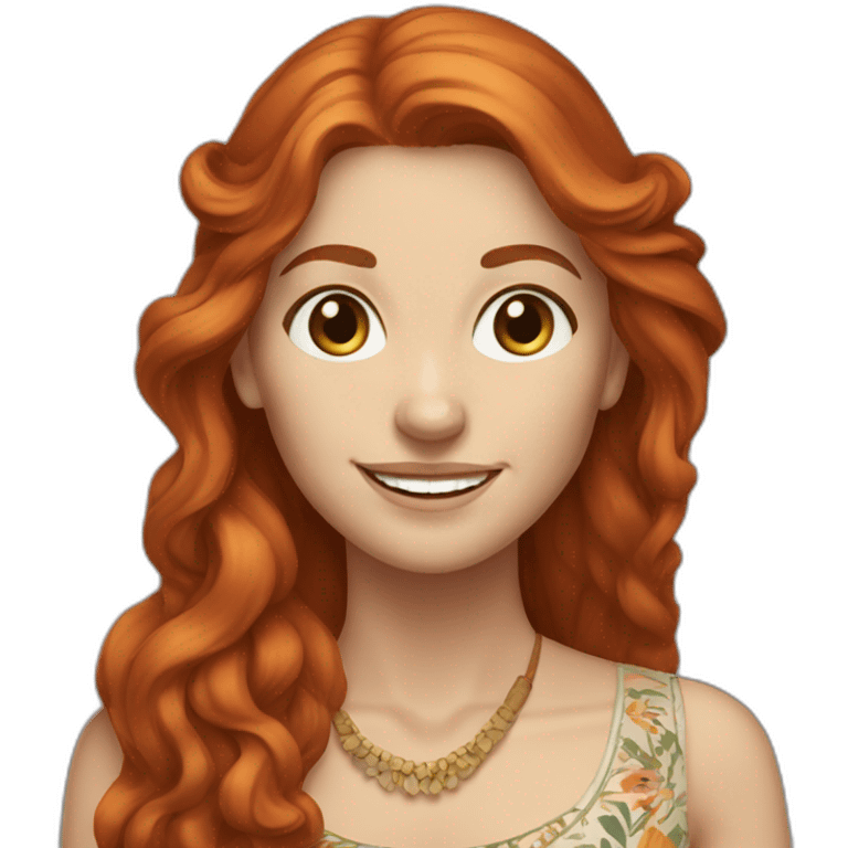 redhead white woman long hair, smiling, wearing boho dress emoji