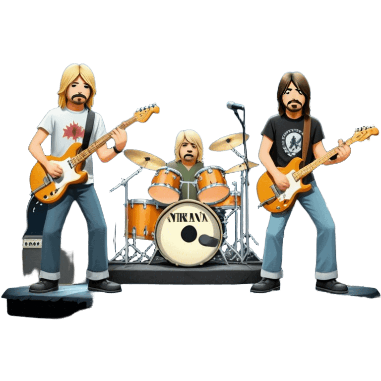 Icon for Rock Music: Nirvana performing on stage with Kurt Cobain on guitar and vocals, Krist Novoselic on bass, and Dave Grohl on drums. A grunge-inspired vibe with dynamic stage lighting and musical energy. Transparent background. emoji