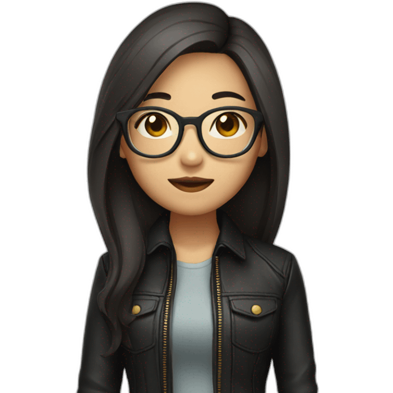 asian girl with glasses and a leather jacket with a shirt and long dark hair emoji