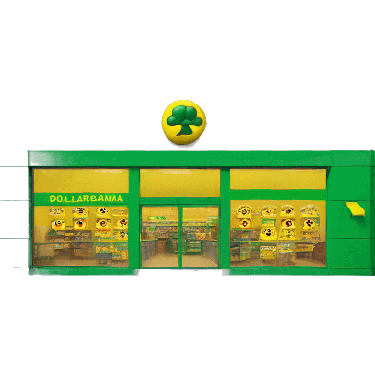 “Exterior of a Dollarama store with the bright green facade, bold yellow Dollarama sign, large front windows, and entrance doors, capturing the look of a budget-friendly retail store.” emoji