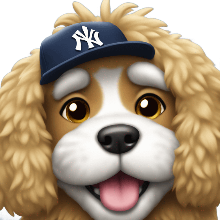 A furry dog wearing a Yankees cap, winking and sticking out its tongue emoji