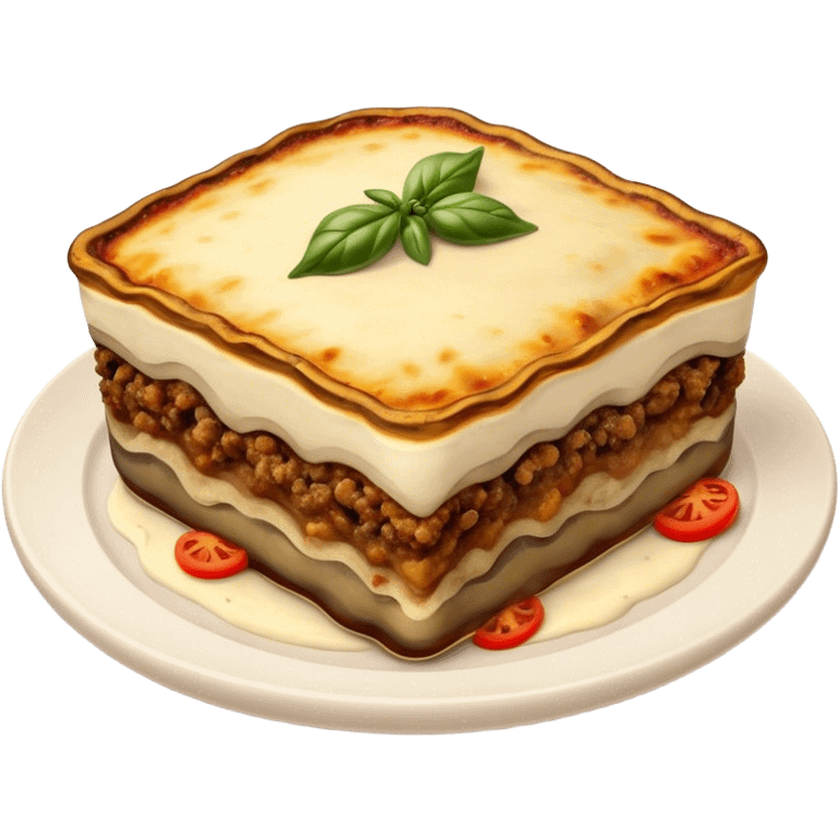 Moussaka Cinematic Realistic Moussaka Dish Emoji, depicted as a rustic serving of moussaka with layers of soft eggplant, ground meat, and a creamy topping featuring a delightfully crispy corner, rendered with rich textures and warm, inviting lighting. emoji