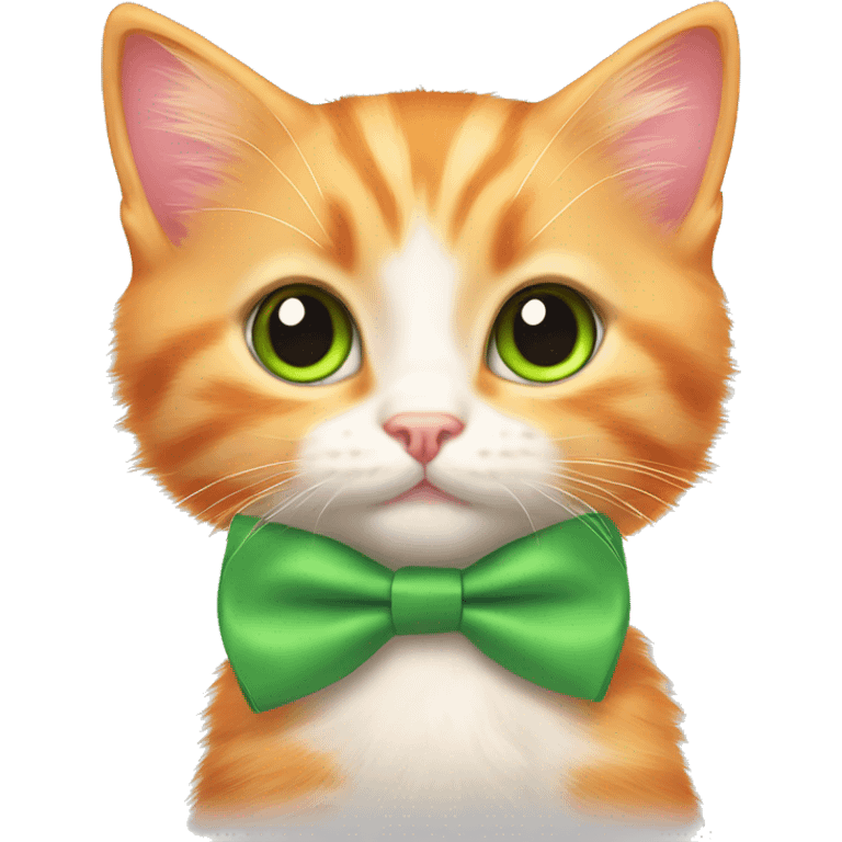 Orange kitten sitting down and a pink bow tie around his neck and has green eyes emoji