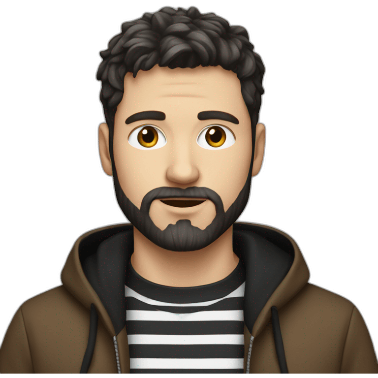 White Man with dark hair and beard, black and white striped hoodie emoji