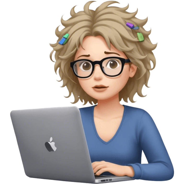 A woman in glasses, a laptop on her lap, chaotic notes flying around, messy hair, three thought bubbles above her head. emoji