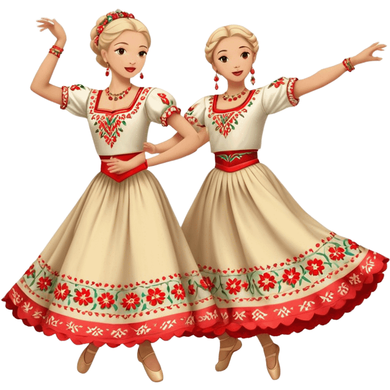 Cinematic Realistic scene of two dancers performing the Mazurka, dressed in vibrant traditional Polish costumes with intricate embroidery and flowing skirts, captured in graceful motion with warm, festive lighting emoji