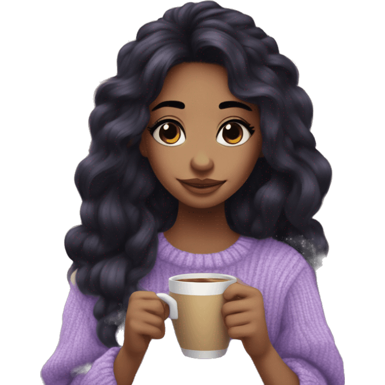 Cute girl with long black hair, long black lashes with heavy conture in lavander cozy sweather with coffe in hands emoji