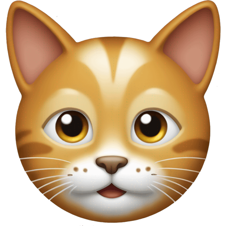 Create an emoji of a happy cat with pointy ears, a round body, and a big smile. The cat should be light orange with white spots. emoji