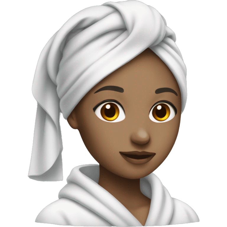 white-skinned girl with a towel on her head in a gray robe doing makeup emoji