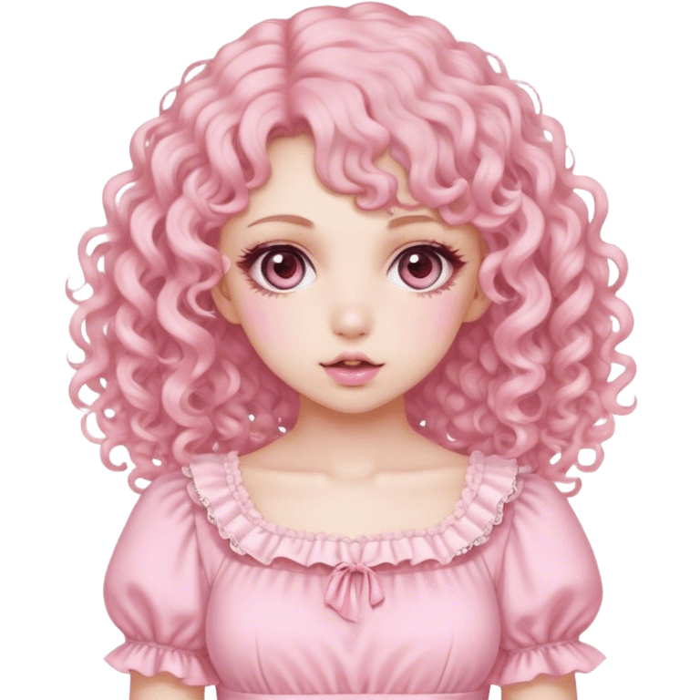 Pale girl, Curly hair with colour pink soft, with gyaru pink dress, make up baby doll emoji