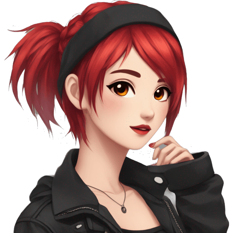 Gorgeous anime style lady with blushing face aesthetic and pretty edgy black red punk hair with hair garment trending style emoji