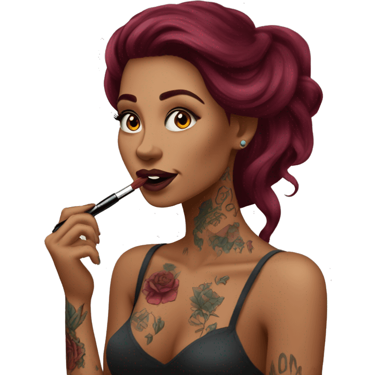 Beautiful tattooed burgundy long haired woman doing her makeup emoji