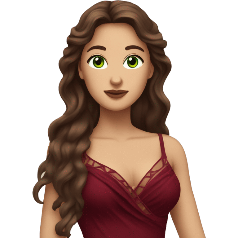 Aphrodite, Long haired, Brunette woman with green eyes and burgundy dress emoji